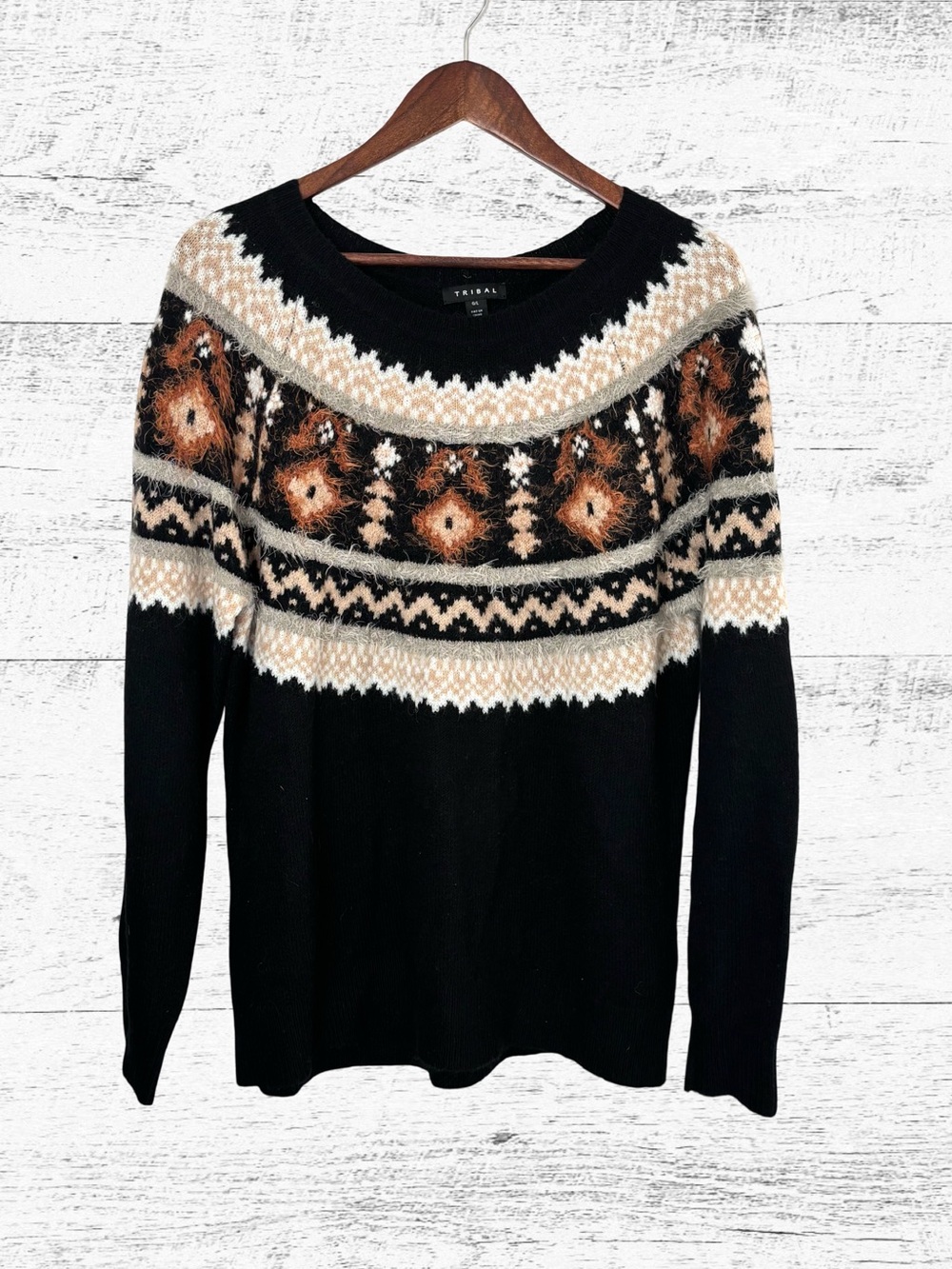 Tribal Black Crewneck Sweater with Cream & Brown Fair Isle